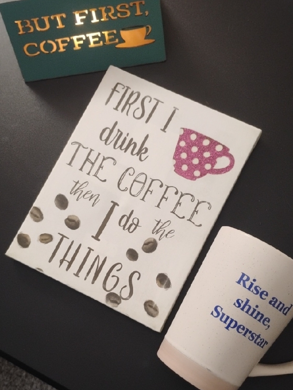 2/$13 Deal...3 PcCoffee Quote Wall Art w/Polka Dot Cup & Desk Light & Mug